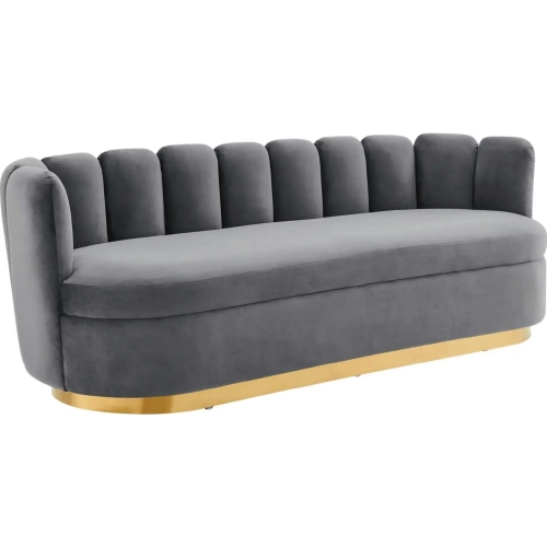 Victoria Sofa in Channel Tufted Gray Velvet & Brushed Gold Stainless