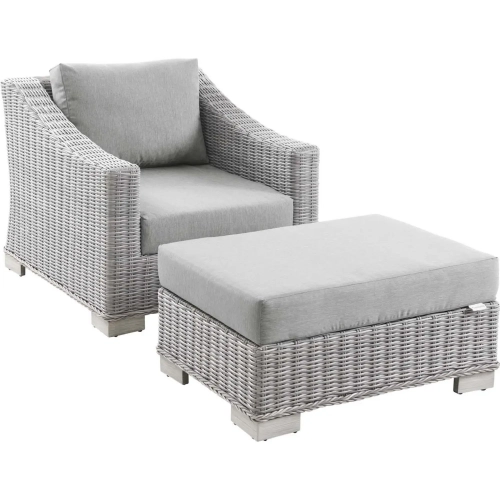 Conway Outdoor Arm Chair & Ottoman Set in Light Gray Poly Rattan & Gray Fabric