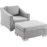 Conway Outdoor Arm Chair & Ottoman Set in Light Gray Poly Rattan & Gray Fabric