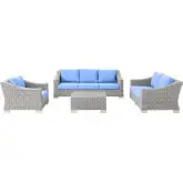 Conway Outdoor 4 Piece Sofa Set in Light Gray Poly Rattan & Blue Fabric