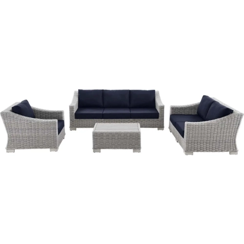 Conway Outdoor 4 Piece Sofa Set in Light Gray Poly Rattan & Navy Blue Fabric