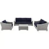 Conway Outdoor 4 Piece Sofa Set in Light Gray Poly Rattan & Navy Blue Fabric