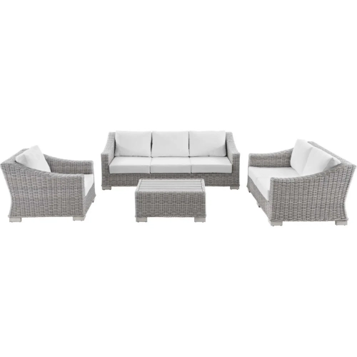 Conway Outdoor 4 Piece Sofa Set in Light Gray Poly Rattan & White Fabric