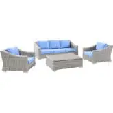 Conway Outdoor 4 Piece Sofa Set in Light Gray Poly Rattan & Blue Fabric