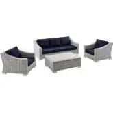 Conway Outdoor 4 Piece Sofa Set in Light Gray Poly Rattan & Navy Blue Fabric