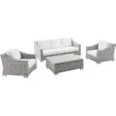 Conway Outdoor 4 Piece Sofa Set in Light Gray Poly Rattan & White Fabric