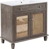 Lilo 36" Bathroom Vanity in Gray, Rattan & White Ceramic