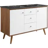 Transmit 48" Double Sink Bathroom Vanity in Walnut Finish, White & Black Ceramic