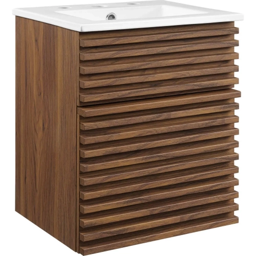 Render 18" Wall Mount Bathroom Vanity in Walnut Finish & White Ceramic