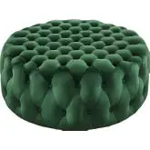 Amour Round Ottoman in All Over Button Tufted Emerald Green Velvet