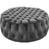 Amour Round Ottoman in All Over Button Tufted Gray Velvet