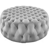 Amour Round Ottoman in All Over Button Tufted Light Gray Velvet