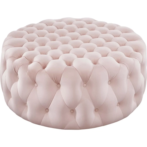 Amour Round Ottoman in All Over Button Tufted Pink Velvet