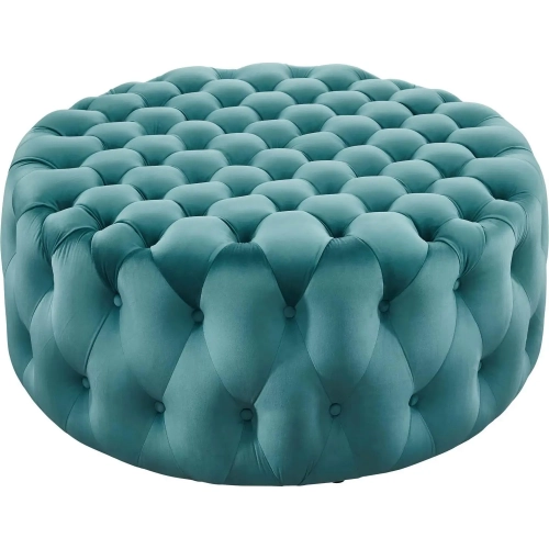 Amour Round Ottoman in All Over Button Tufted Sea Blue Velvet