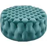 Amour Round Ottoman in All Over Button Tufted Sea Blue Velvet