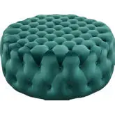 Amour Round Ottoman in All Over Button Tufted Teal Velvet