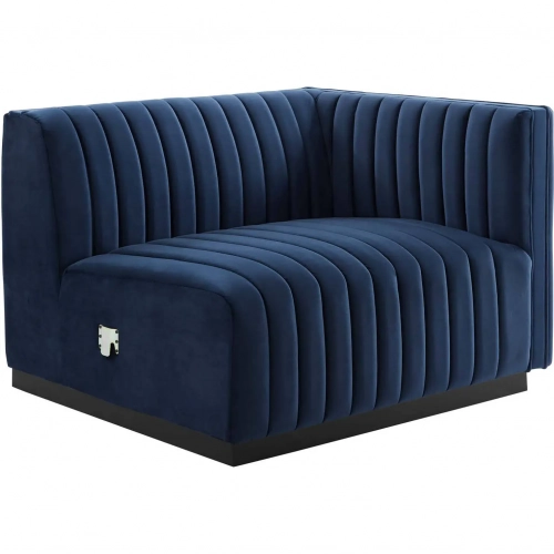 Conjure Right Arm Chair in Channel Tufted Midnight Blue Velvet & Black