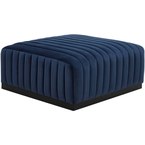 Conjure Ottoman in Channel Tufted Midnight Blue Velvet & Black