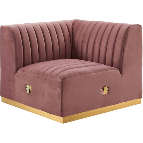 Conjure Left Corner Chair in Channel Tufted Dusty Rose Velvet & Brushed Gold