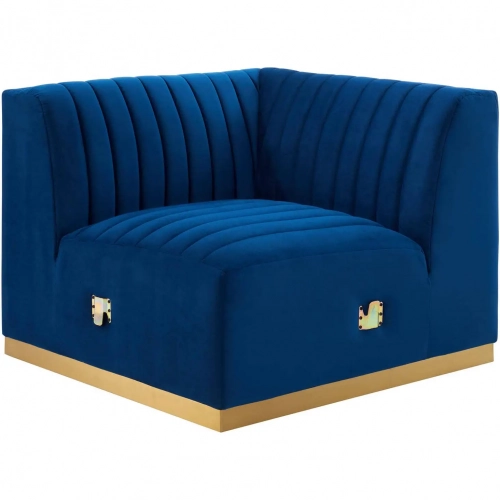 Conjure Left Corner Chair in Channel Tufted Navy Blue Velvet & Brushed Gold