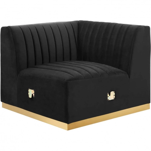 Conjure Right Corner Chair in Channel Tufted Black Velvet & Brushed Gold