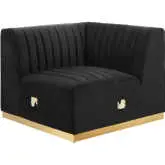 Conjure Right Corner Chair in Channel Tufted Black Velvet & Brushed Gold