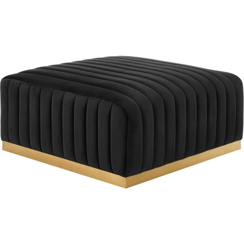 Conjure Ottoman in Channel Tufted Black Velvet & Brushed Gold