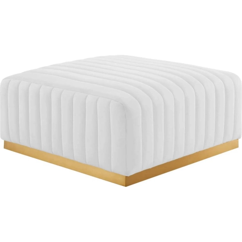 Conjure Ottoman in Channel Tufted White Velvet & Brushed Gold