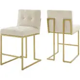 Privy Counter Stool in Tufted Beige Fabric & Gold Stainless (Set of 2)