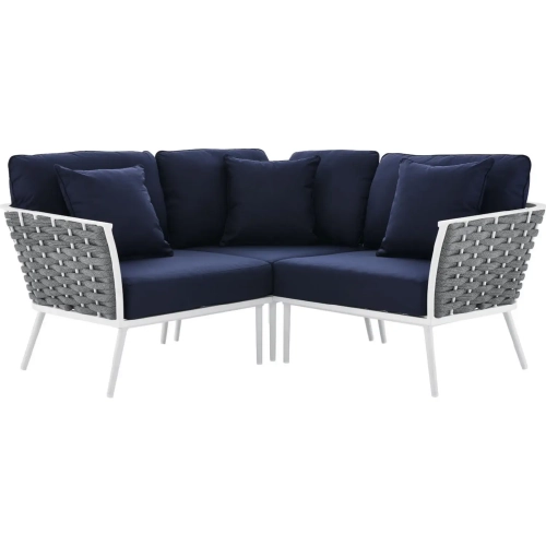 Stance 3 Piece Outdoor Sectional Sofa in White Metal & Navy Blue Fabric