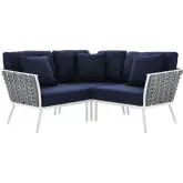 Stance 3 Piece Outdoor Sectional Sofa in White Metal & Navy Blue Fabric