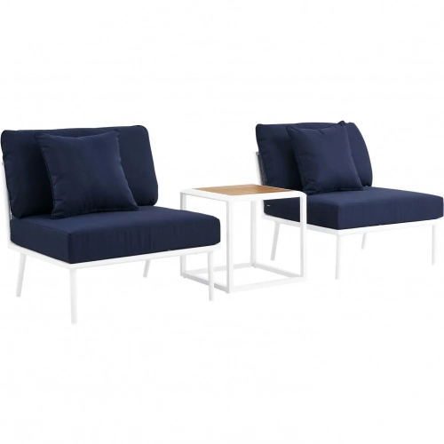 Stance 3 Piece Outdoor Armless Chair Set in White Metal & Navy Blue Fabric