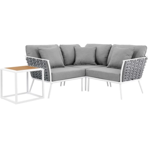 Stance 4 Piece Outdoor Sectional Sofa Set in White Metal & Gray Fabric