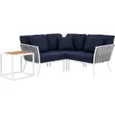 Stance 4 Piece Outdoor Sectional Sofa Set in White Metal & Navy Blue Fabric