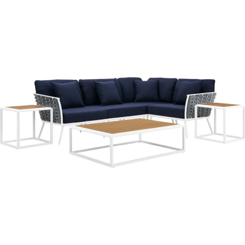 Stance 7 Piece Outdoor Sectional Sofa Set in White Metal & Navy Blue Fabric