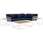 Stance 7 Piece Outdoor Sectional Sofa Set in White Metal & Navy Blue Fabric