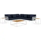 Stance 8 Piece Outdoor Sectional Sofa Set in White Metal & Navy Blue Fabric