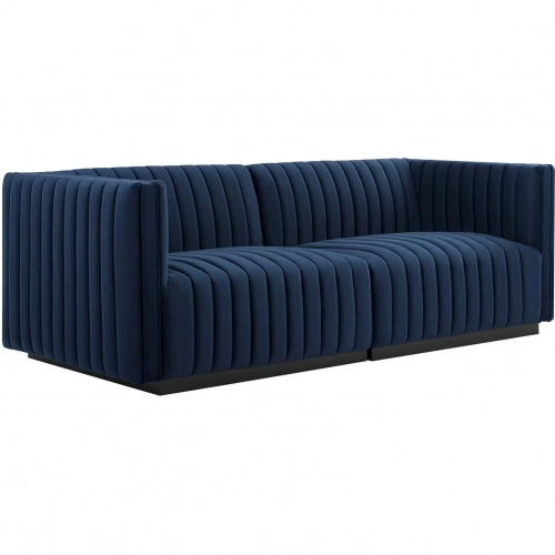 Conjure Loveseat in Channel Tufted Midnight Blue Velvet & Black