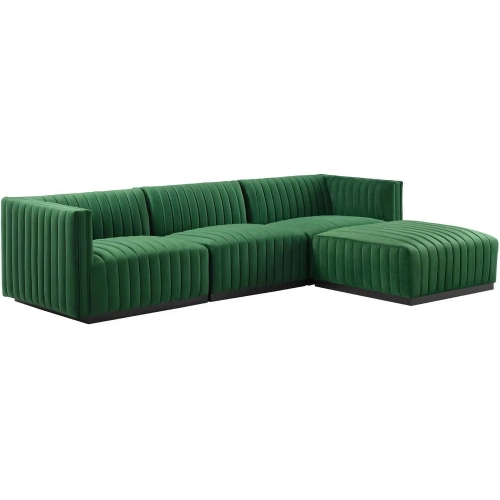 Conjure 4 Piece Sectional Sofa in Channel Tufted Emerald Green Velvet & Black