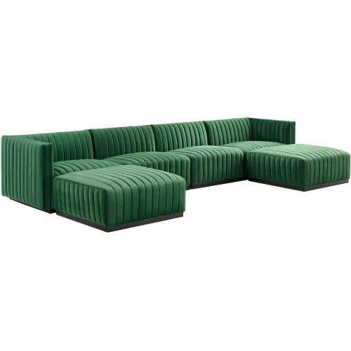 Conjure 6 Piece Sectional Sofa in Channel Tufted Emerald Green Velvet & Black