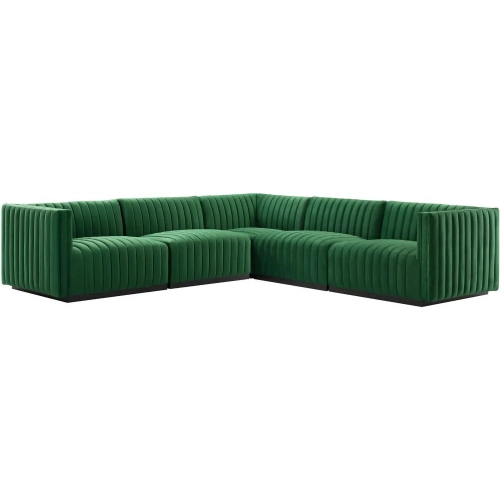 Conjure 5 Piece Sectional Sofa in Channel Tufted Emerald Green Velvet & Black