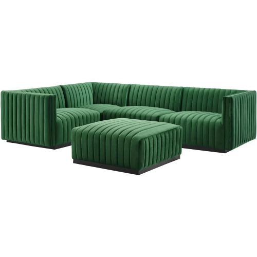 Conjure 5 Piece Sectional Sofa in Channel Tufted Emerald Green Velvet & Black