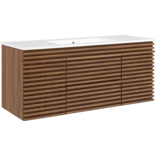 Render 48" Wall Mount Bathroom Vanity in Walnut Finish & White Ceramic