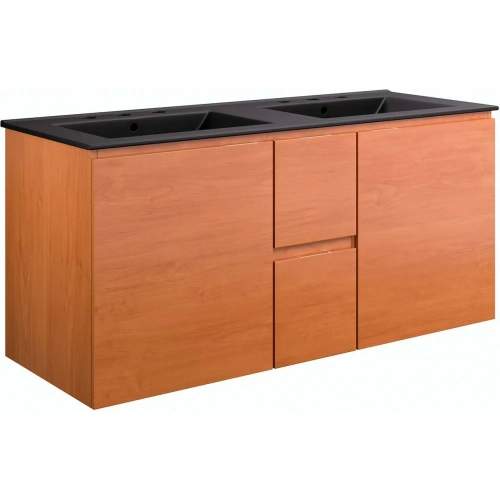 Scenic 48" Double Wall Mount Bathroom Vanity in Cherry Finish & Black Ceramic