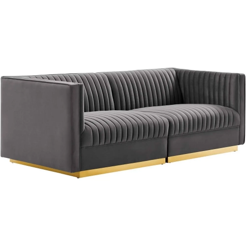 Sanguine Modular Loveseat in Channel Tufted Gray Velvet