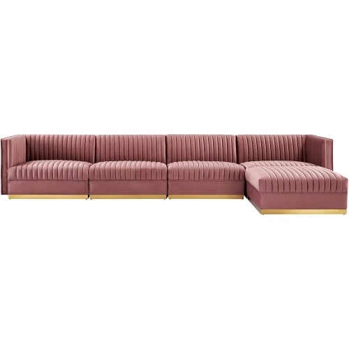 Sanguine 5 Piece Modular Sectional Sofa in Channel Tufted Dusty Rose Velvet