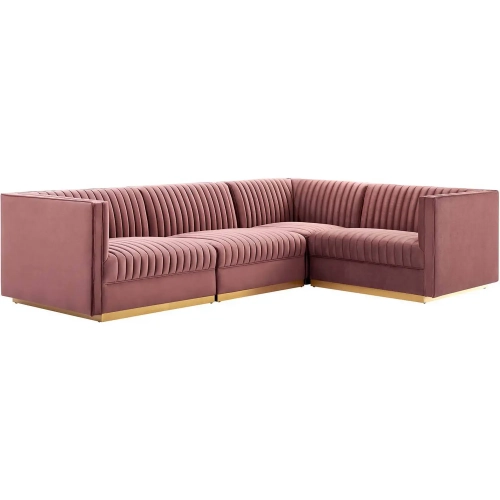 Sanguine 4 PC Right Facing Modular Sectional Sofa in Channel Tufted Dusty Rose Velvet