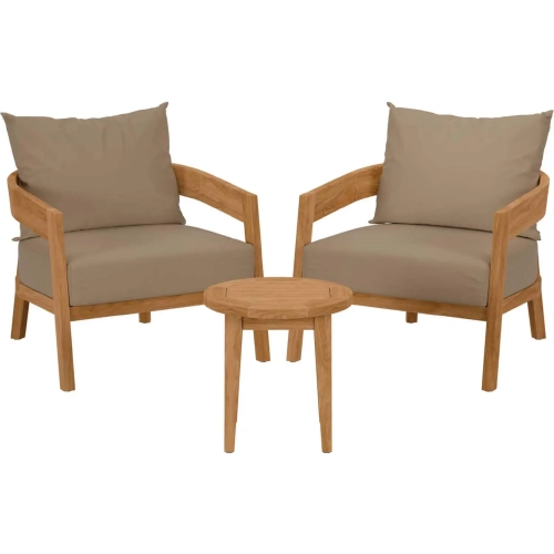 Brisbane 3 Piece Outdoor Arm Chair Set in Teak & Light Brown Fabric