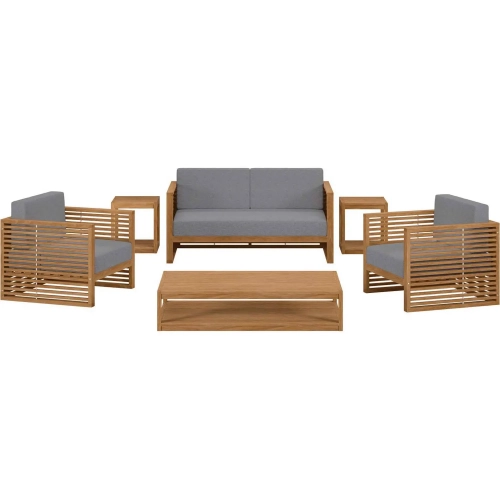 Carlsbad 6 Piece Outdoor Loveseat Set in Teak & Gray Fabric