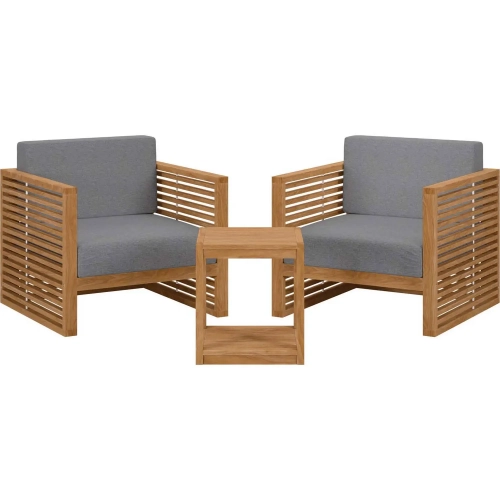 Carlsbad 3 Piece Outdoor Arm Chair Set in Teak & Gray Fabric